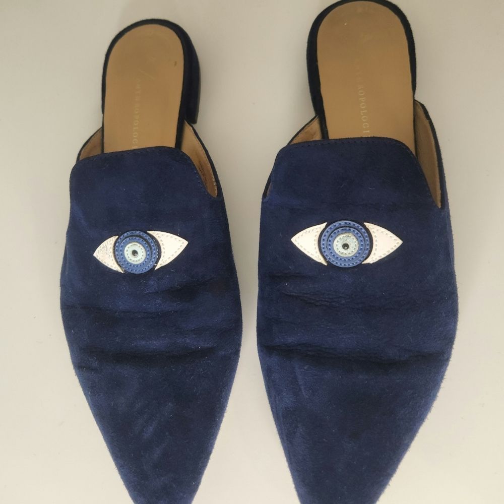Anthropologie Navy Blue Velvet Eye Embroidered Pointed Mules